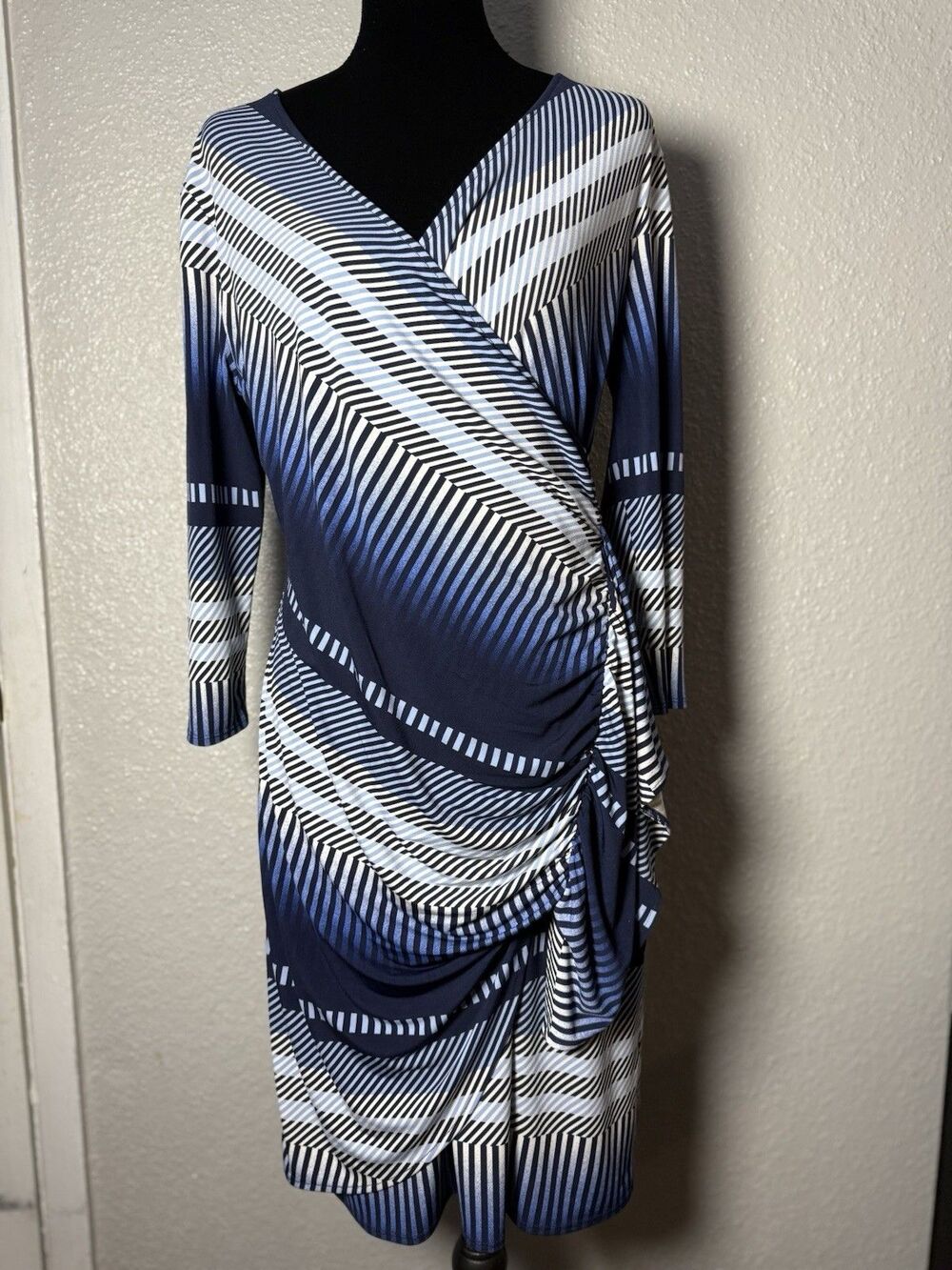 New York & Company Blue Striped Wrap Midi Dress Size M Stretch Ruched